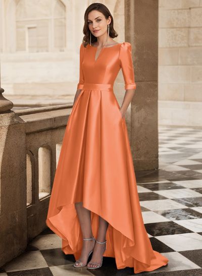 A-Line V-Neck 1/2 Sleeves Sweep Train Satin Mother Of The Bride Dresses With Pockets