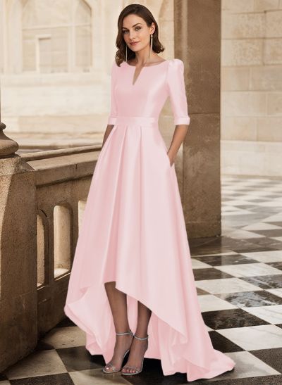 A-Line V-Neck 1/2 Sleeves Sweep Train Satin Mother Of The Bride Dresses With Pockets
