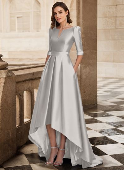 A-Line V-Neck 1/2 Sleeves Sweep Train Satin Mother Of The Bride Dresses With Pockets