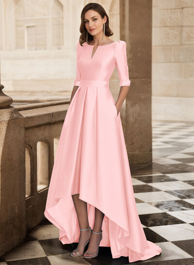 A-Line V-Neck 1/2 Sleeves Sweep Train Satin Mother Of The Bride Dresses With Pockets