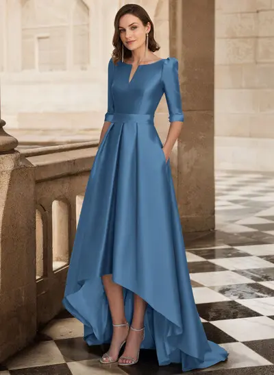 A-Line V-Neck 1/2 Sleeves Sweep Train Satin Mother Of The Bride