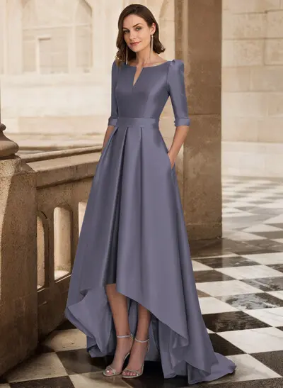 A-Line V-Neck 1/2 Sleeves Sweep Train Satin Mother Of The Bride