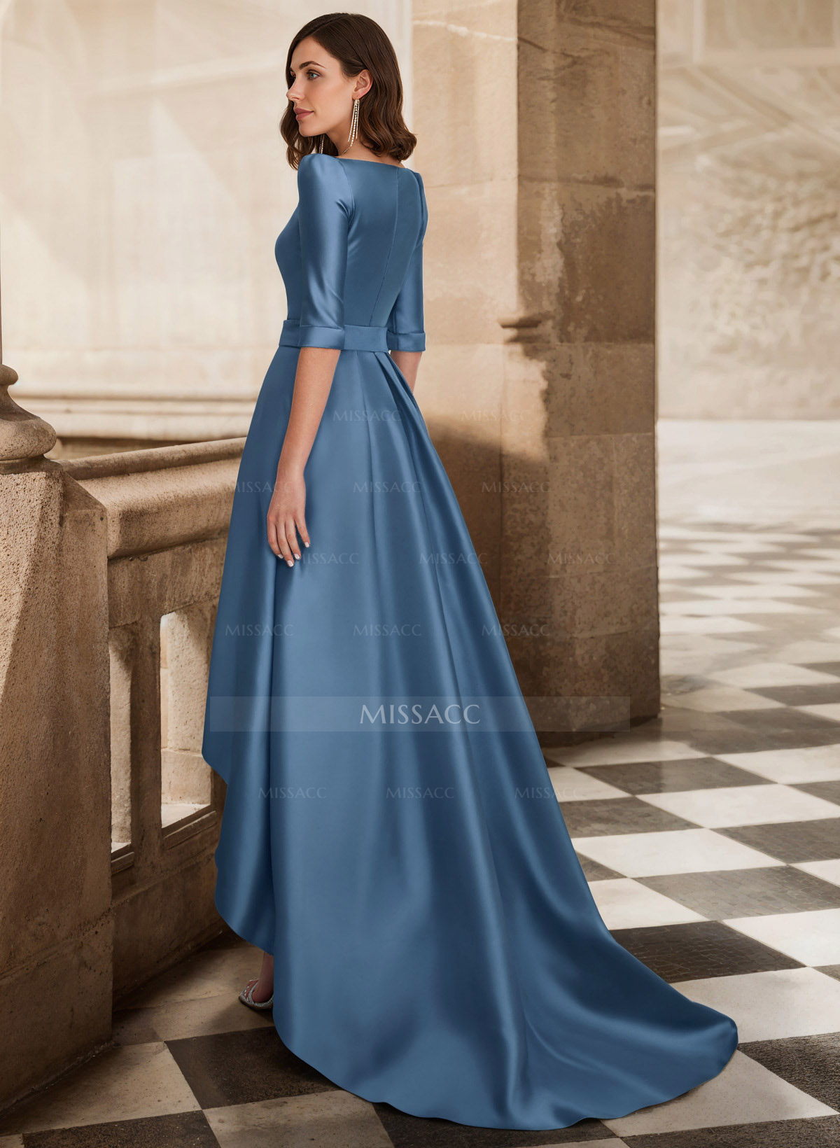 A-Line V-Neck 1/2 Sleeves Sweep Train Satin Mother Of The Bride Dresses With Pockets