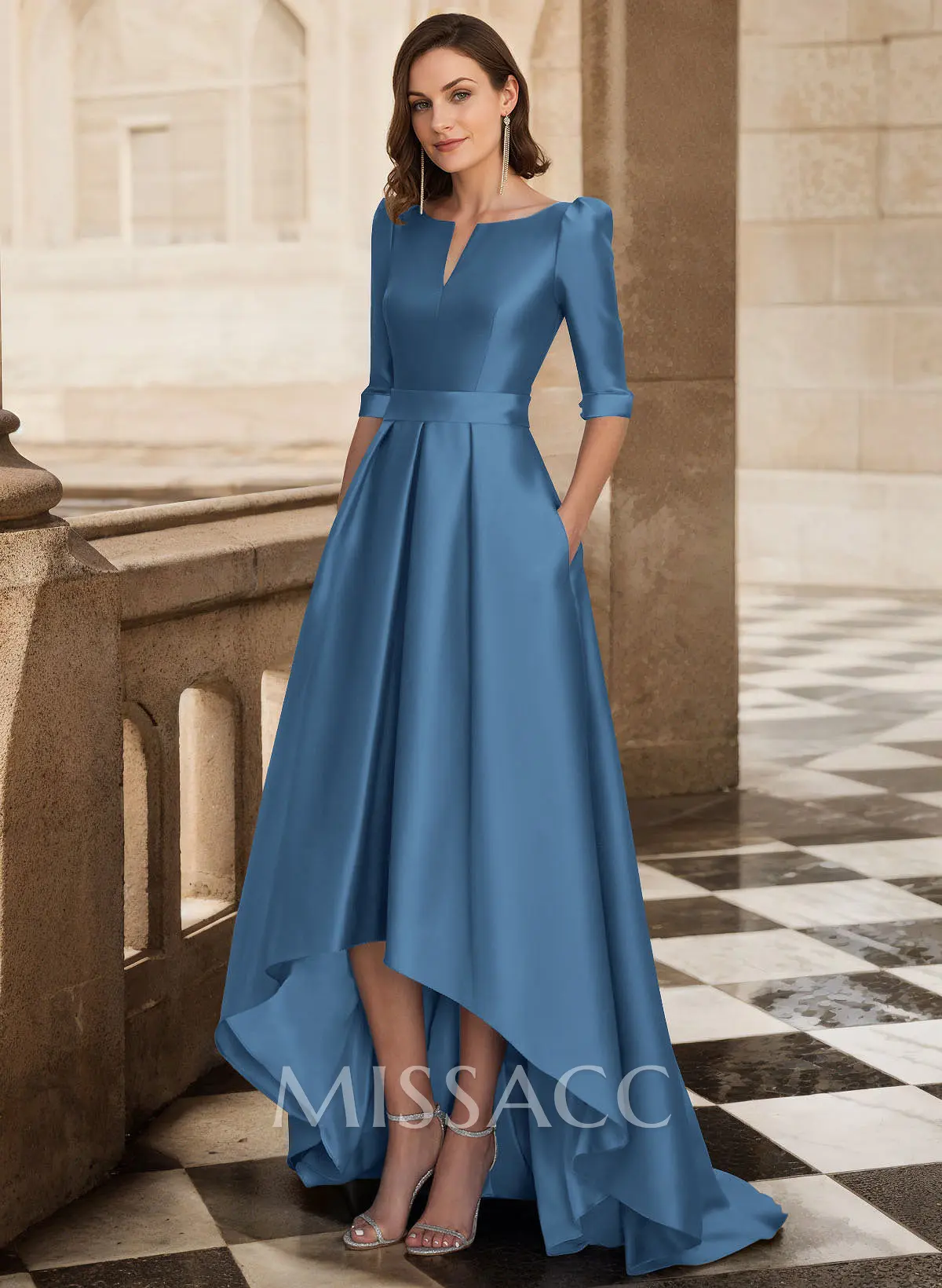 1 2 sleeve bridesmaid dresses One Shoulder Sleeveless Satin Pleated Long Bridesmaid Dress Sky Blue / 10 main image 0