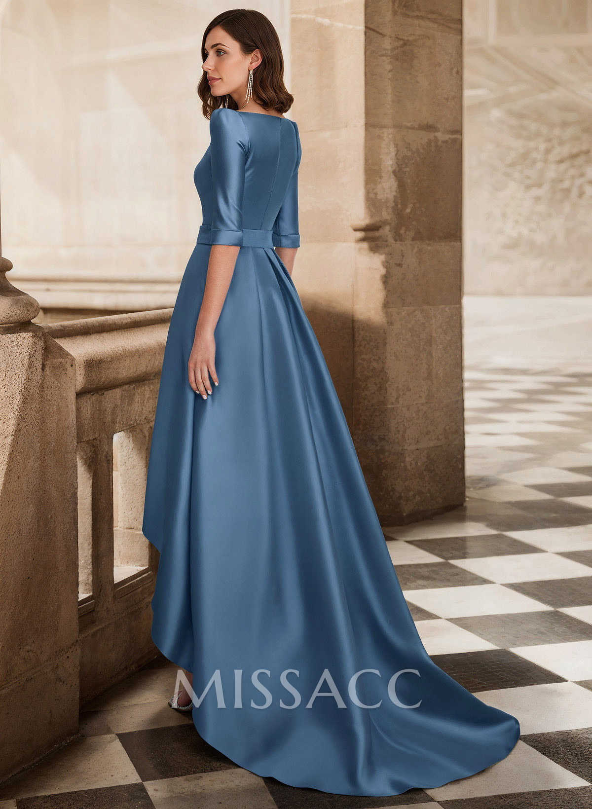 A-Line V-Neck 1/2 Sleeves Sweep Train Satin Mother Of The Bride Dresses With Pockets