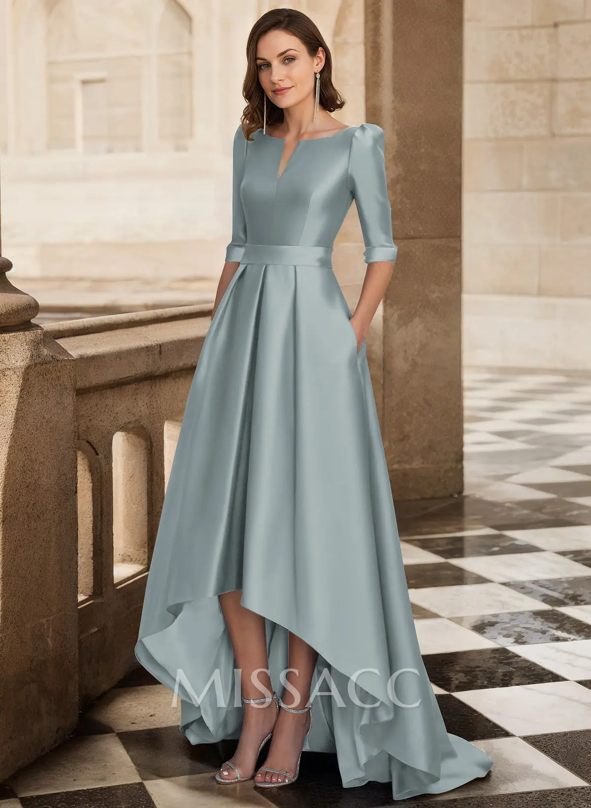 A-Line V-Neck 1/2 Sleeves Sweep Train Satin Mother Of The Bride