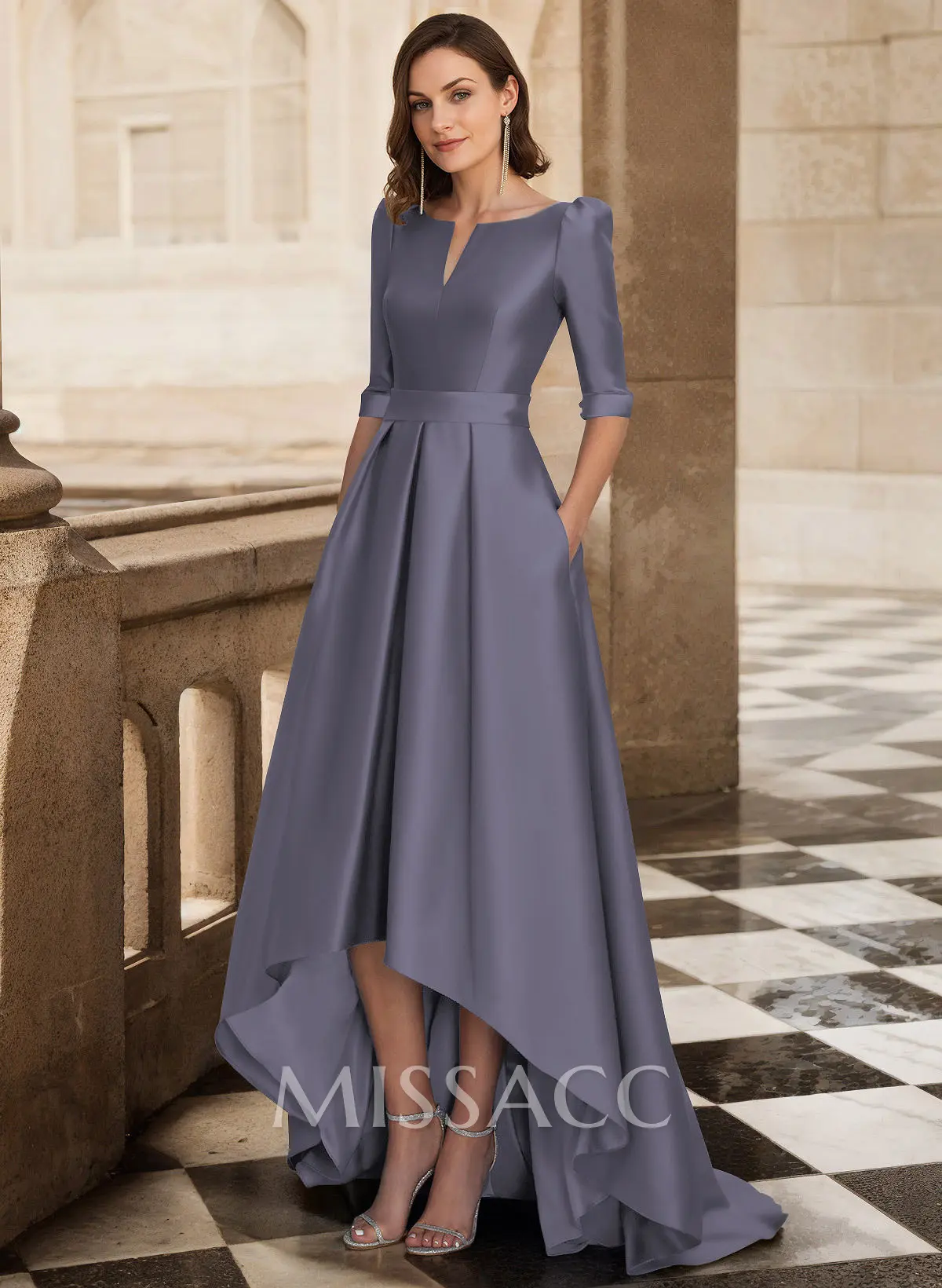 A-Line V-Neck 1/2 Sleeves Sweep Train Satin Mother Of The Bride