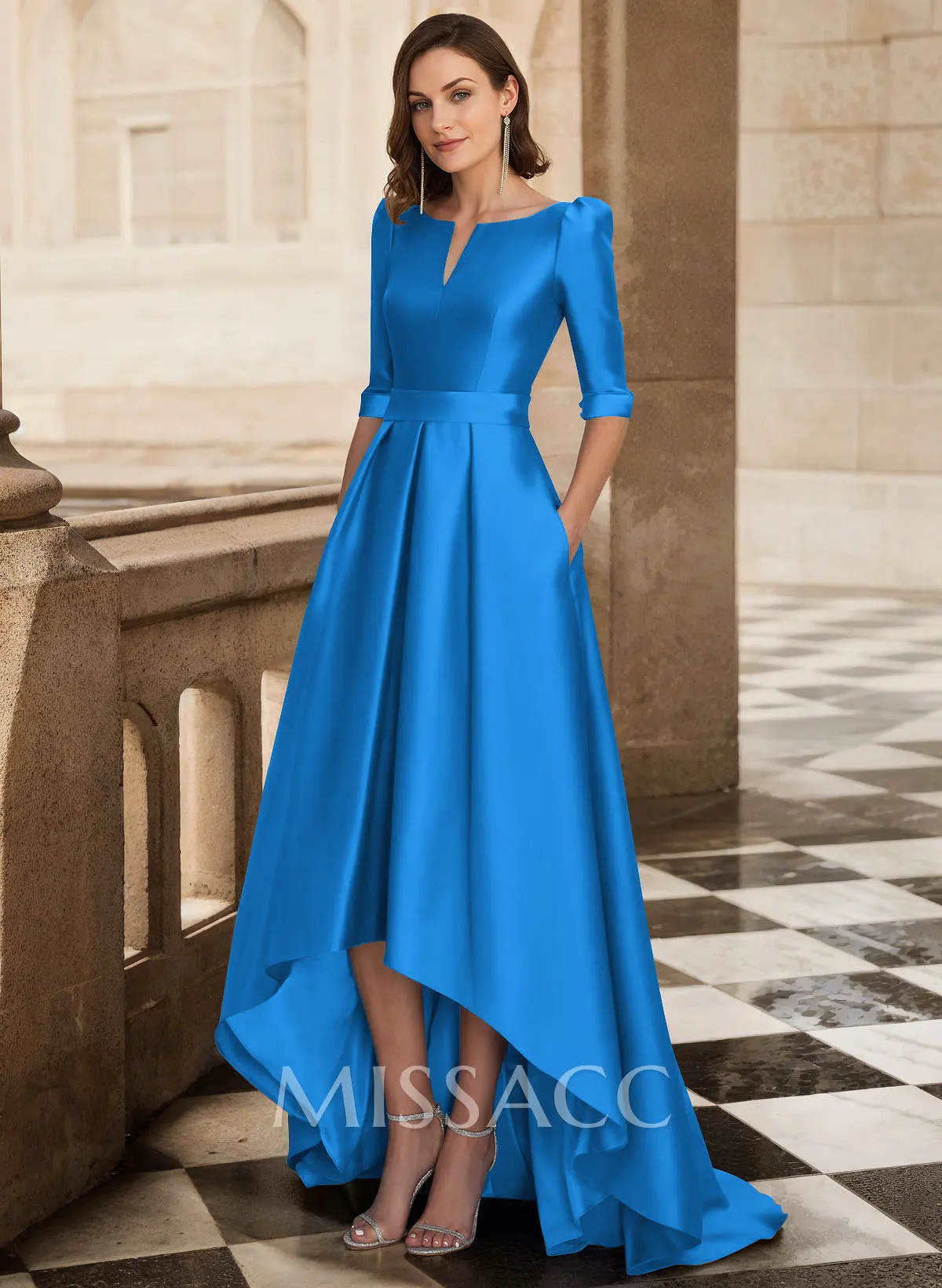 Missacc Dusk Mother Of The Bride Dresses A-Line V-Neck 1/2 Sleeves Sweep Train Satin Mother Of The Bride Dresses With Pockets Missacc Dusk Mother Of The Bride Dresses A-Line V-Neck 1/2 Sleeves Sweep Train Satin Mother Of The Bride Dresses With Pockets
