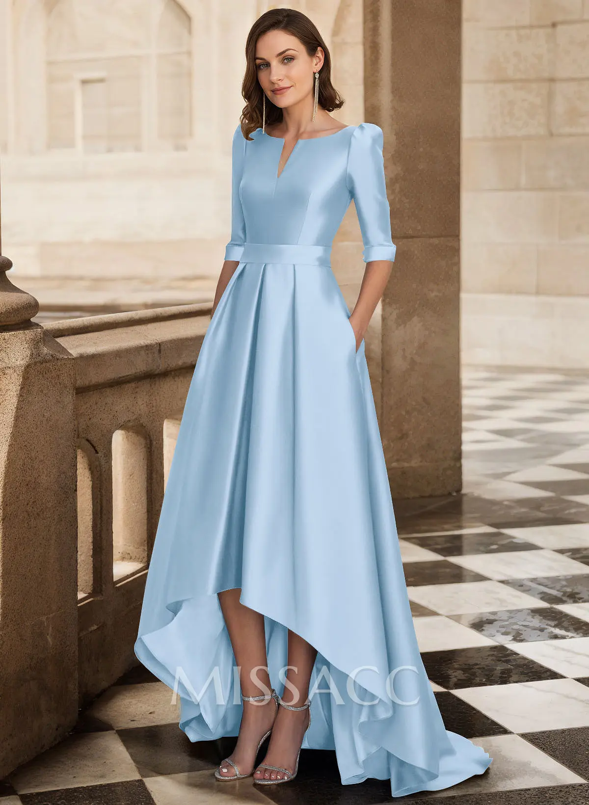 A-Line V-Neck 1/2 Sleeves Sweep Train Satin Mother Of The Bride