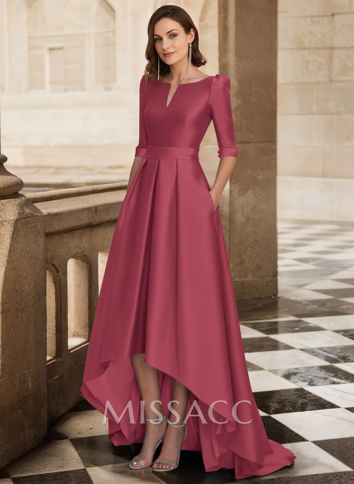 A-Line V-Neck 1/2 Sleeves Sweep Train Satin Mother Of The Bride