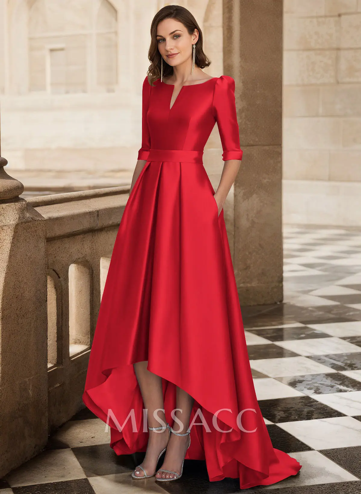 A-Line V-Neck 1/2 Sleeves Sweep Train Satin Mother Of The Bride