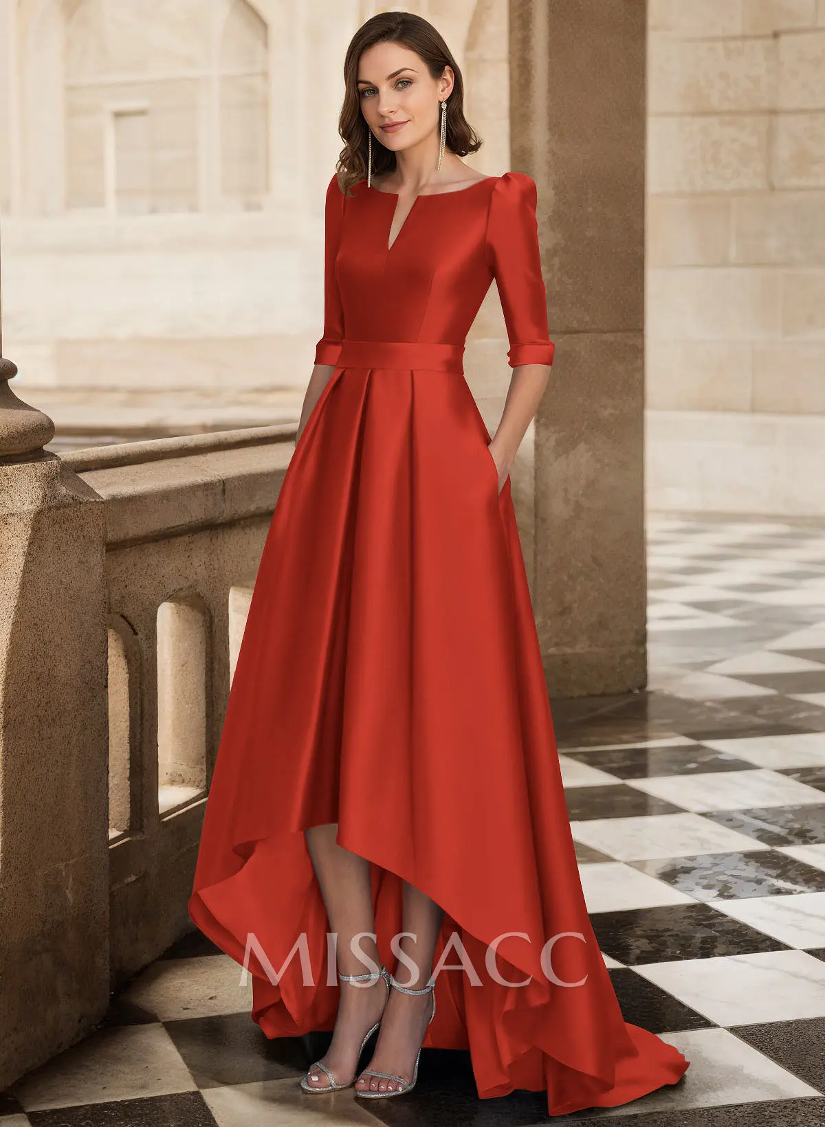 A-Line V-Neck 1/2 Sleeves Sweep Train Satin Mother Of The Bride