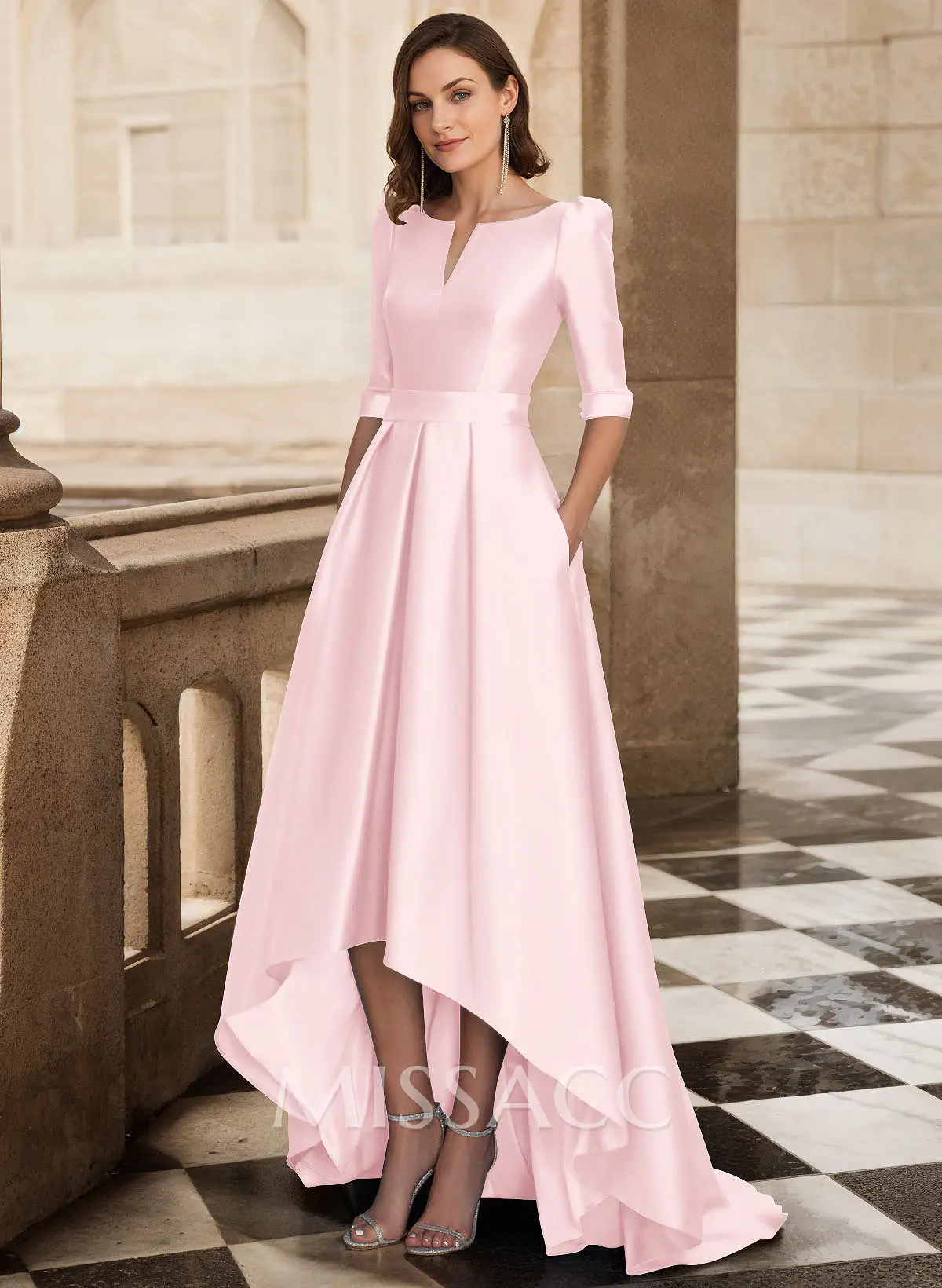 A-Line V-Neck 1/2 Sleeves Sweep Train Satin Mother Of The Bride