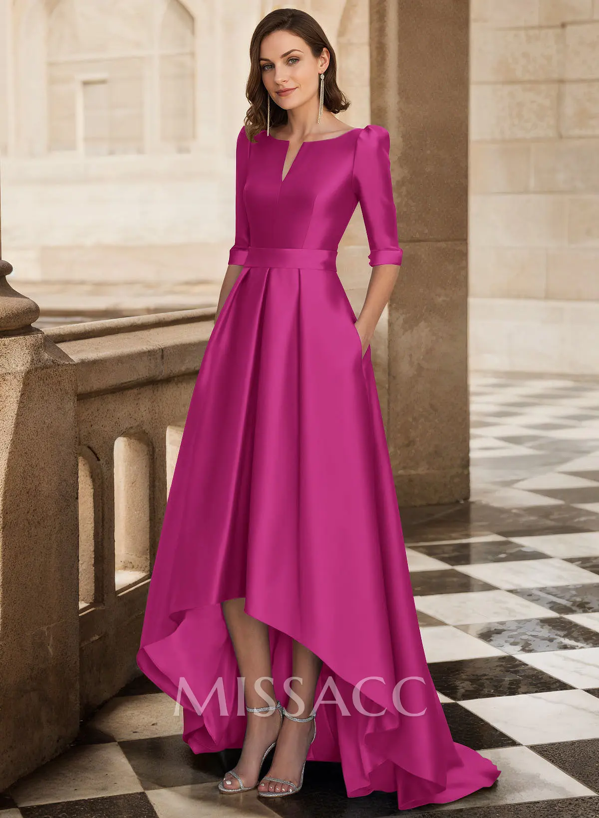 A-Line V-Neck 1/2 Sleeves Sweep Train Satin Mother Of The Bride