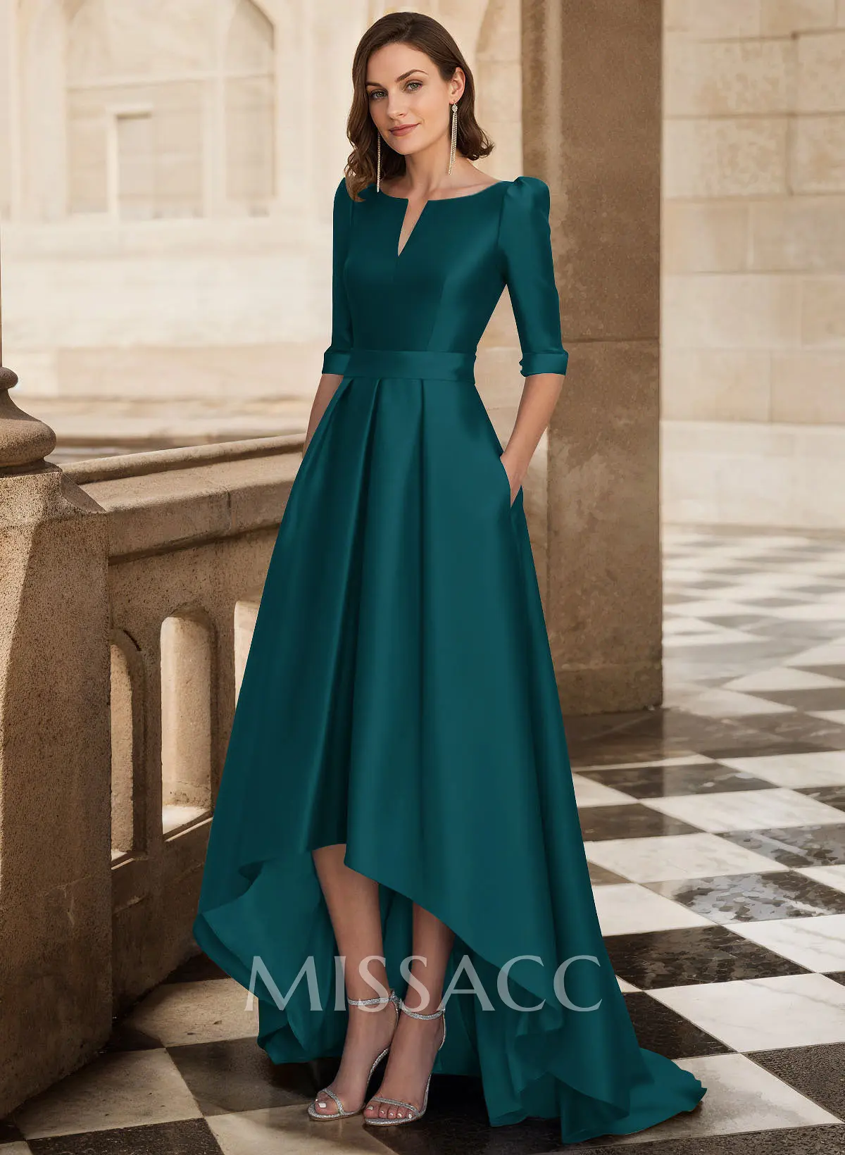 A-Line V-Neck 1/2 Sleeves Sweep Train Satin Mother Of The Bride