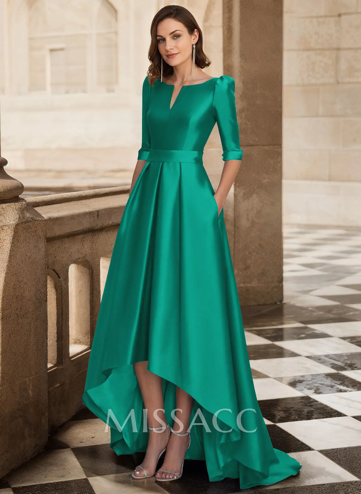 A-Line V-Neck 1/2 Sleeves Sweep Train Satin Mother Of The Bride