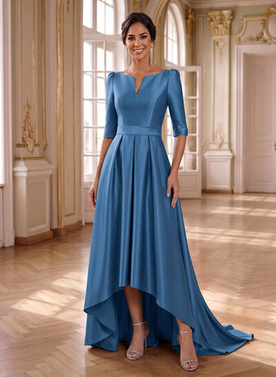 A-Line V-Neck 1/2 Sleeves Sweep Train Satin Mother Of The Bride Dresses With Pockets