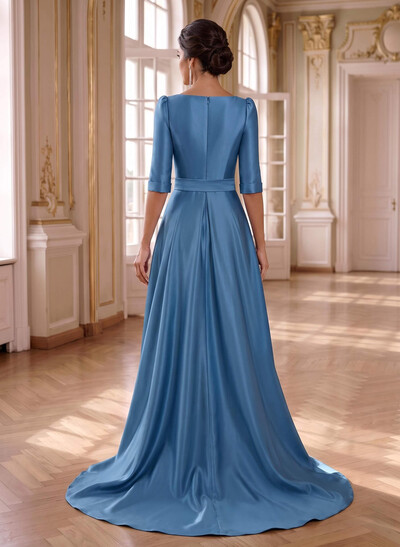 A-Line V-Neck 1/2 Sleeves Sweep Train Satin Mother Of The Bride Dresses With Pockets