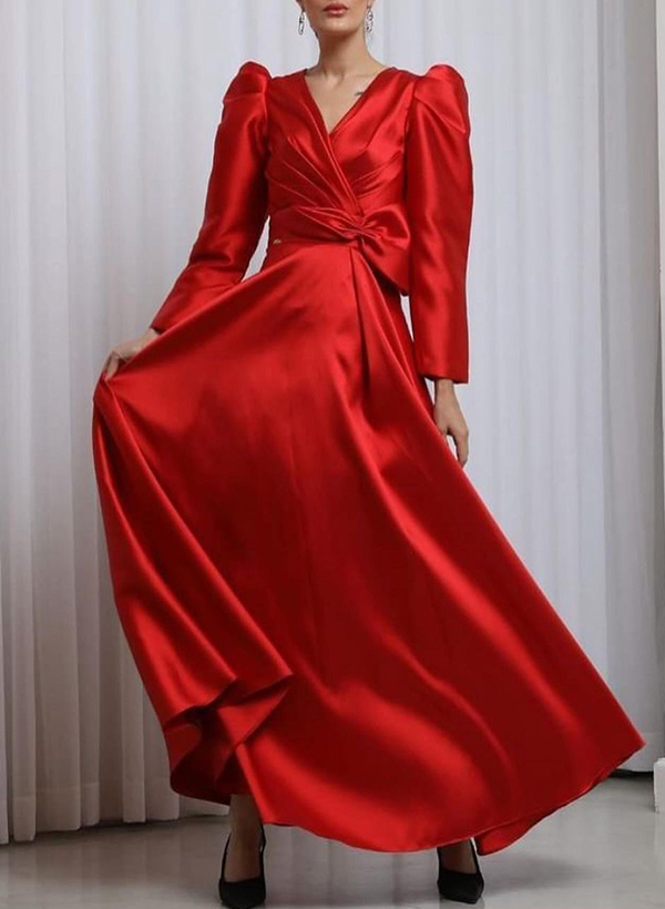 A-Line V-Neck Long Sleeves Silk Like Satin Mother Of The Bride Dresses With Bow(s)