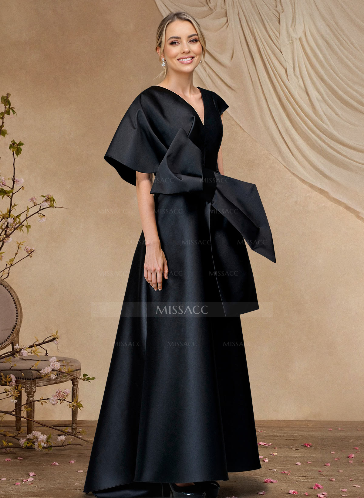 A-Line V-Neck Sleeveless Satin Mother Of The Bride Dresses With Bow(s)
