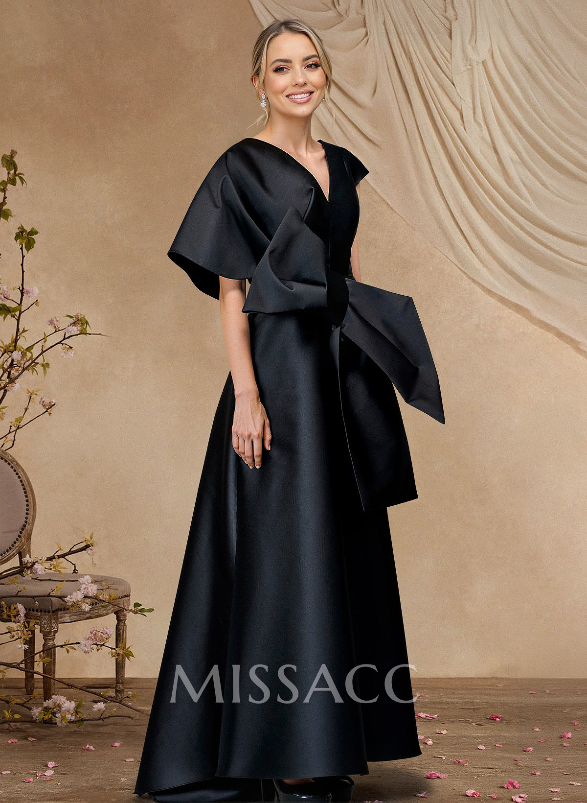 A-Line V-Neck Sleeveless Asymmetrical Length Satin Mother Of The Bride Dresses With Bow(s)