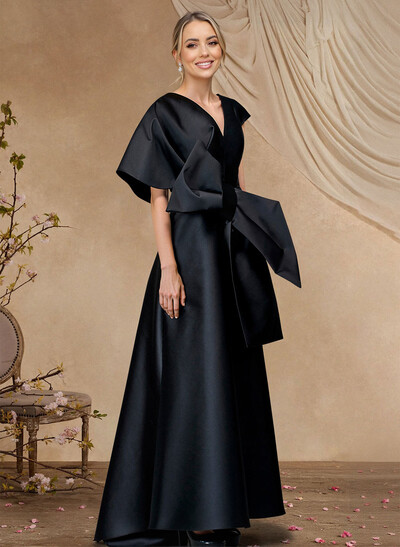 A-Line V-Neck Sleeveless Asymmetrical Length Satin Mother Of The Bride Dresses With Bow(s)