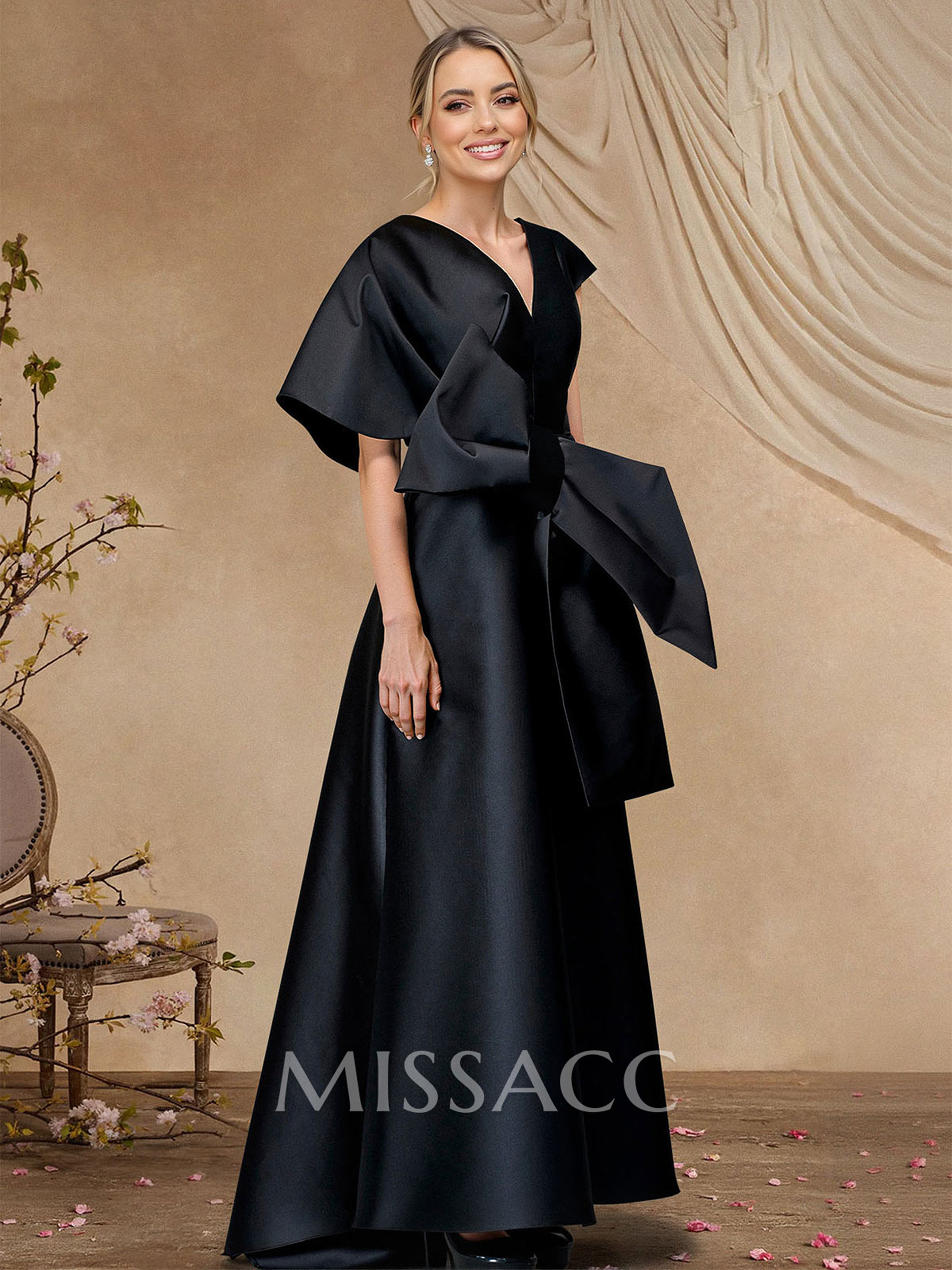 A-Line V-Neck Sleeveless Asymmetrical Length Satin Mother Of The Bride Dresses With Bow(s)