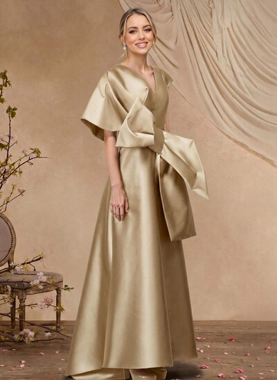 A-Line V-Neck Sleeveless Asymmetrical Length Satin Mother Of The Bride Dresses With Bow(s)