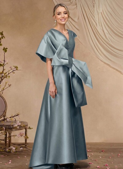 A-Line V-Neck Sleeveless Asymmetrical Length Satin Mother Of The Bride Dresses With Bow(s)