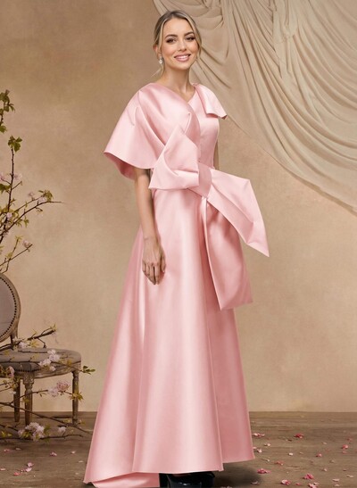 A-Line V-Neck Sleeveless Asymmetrical Length Satin Mother Of The Bride Dresses With Bow(s)