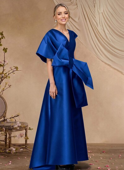 A-Line V-Neck Sleeveless Asymmetrical Length Satin Mother Of The Bride Dresses With Bow(s)