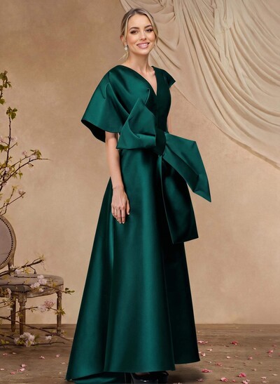 A-Line V-Neck Sleeveless Asymmetrical Length Satin Mother Of The Bride Dresses With Bow(s)