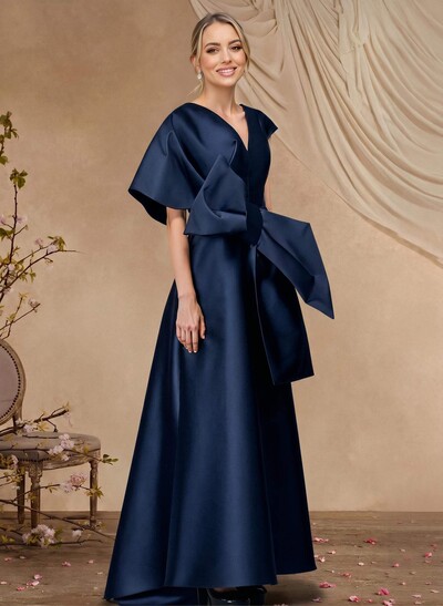 A-Line V-Neck Sleeveless Asymmetrical Length Satin Mother Of The Bride Dresses With Bow(s)