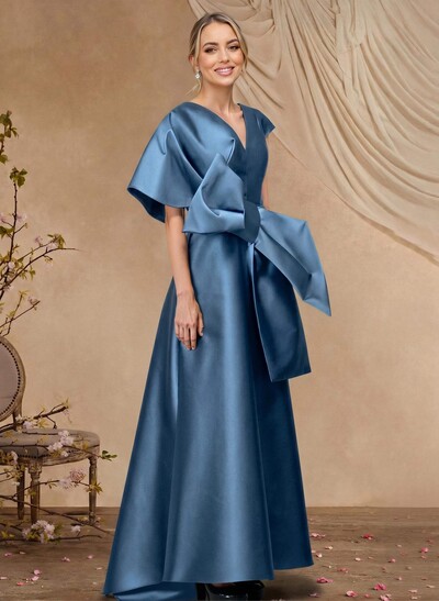 A-Line V-Neck Sleeveless Asymmetrical Length Satin Mother Of The Bride Dresses With Bow(s)