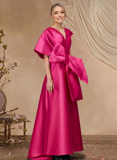 A-Line V-Neck Sleeveless Asymmetrical Length Satin Mother Of The Bride Dresses With Bow(s)