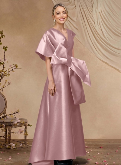 A-Line V-Neck Sleeveless Asymmetrical Length Satin Mother Of The Bride Dresses With Bow(s)