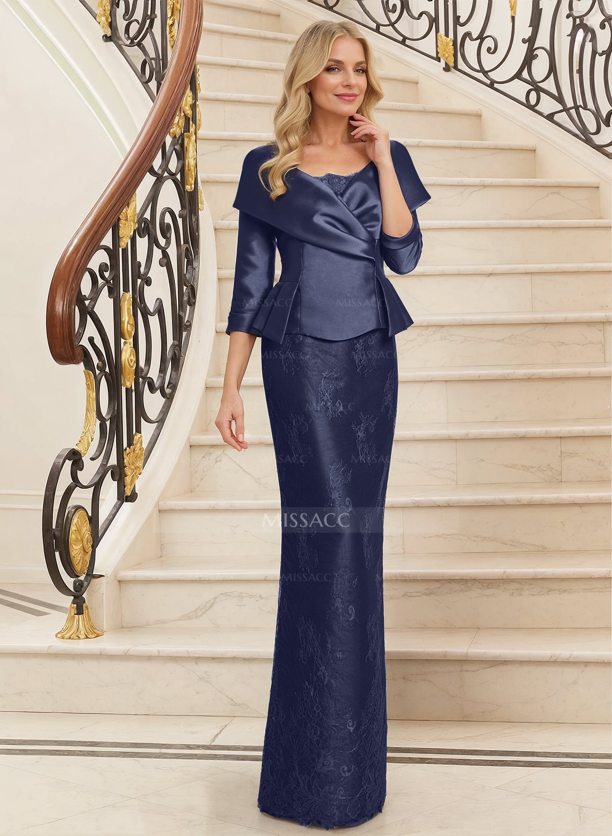 Sheath/Column Scoop Neck 3/4 Sleeves Satin Mother Of The Bride Dresses