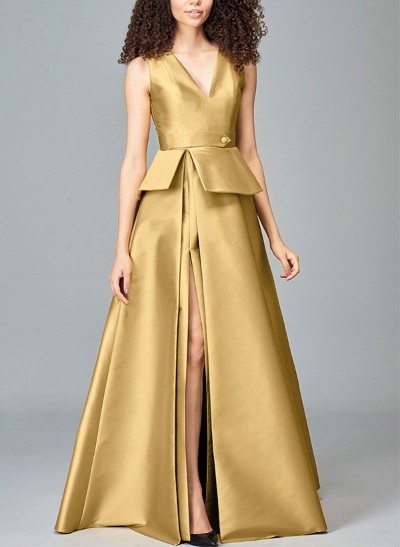 A-Line V-Neck Sleeveless Satin Mother Of The Bride Dresses With High Split