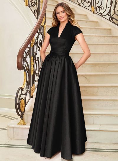 A-Line V-Neck Short Sleeves Floor-Length Satin Mother Of The Bride Dresses