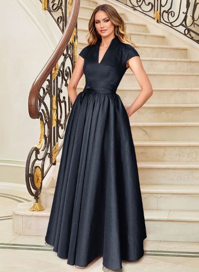 A-Line V-Neck Short Sleeves Floor-Length Satin Mother Of The Bride Dresses