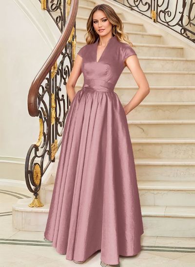 A-Line V-Neck Short Sleeves Floor-Length Satin Mother Of The Bride Dresses