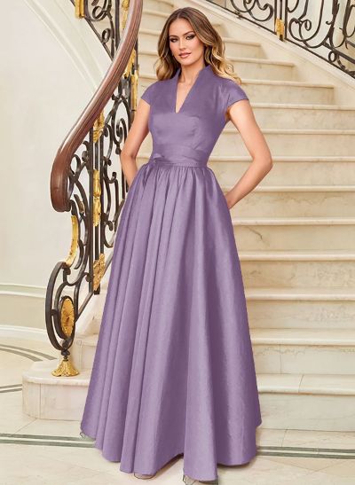 A-Line V-Neck Short Sleeves Floor-Length Satin Mother Of The Bride Dresses