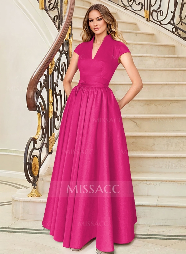 A-Line V-Neck Short Sleeves Floor-Length Satin Mother Of The Bride Dresses