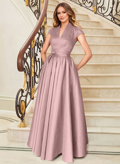 A-Line V-Neck Short Sleeves Floor-Length Satin Mother Of The Bride Dresses