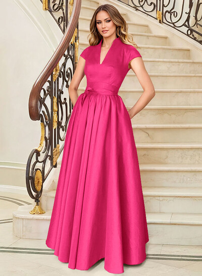 A-Line V-Neck Short Sleeves Floor-Length Satin Mother Of The Bride Dresses