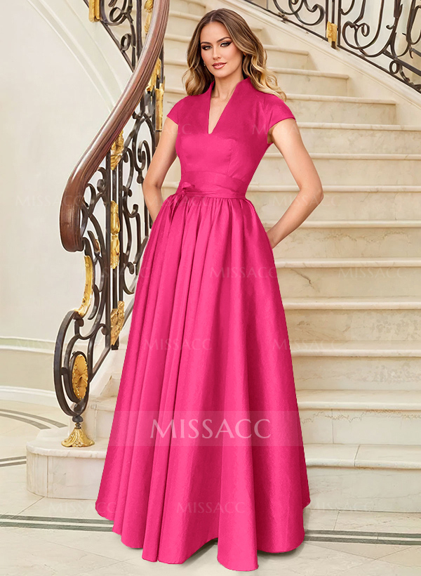 A-Line V-Neck Short Sleeves Floor-Length Satin Mother Of The Bride Dresses