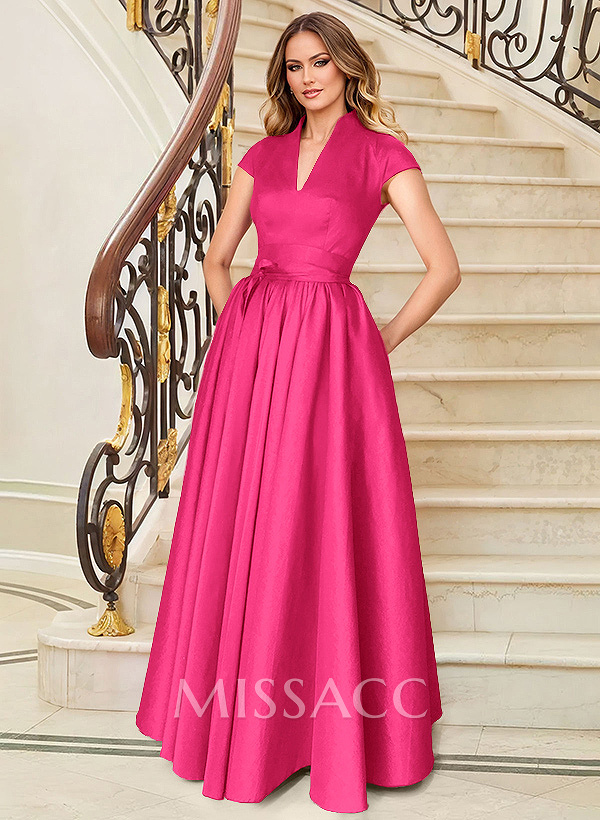 A-Line V-Neck Short Sleeves Floor-Length Satin Mother Of The Bride Dresses