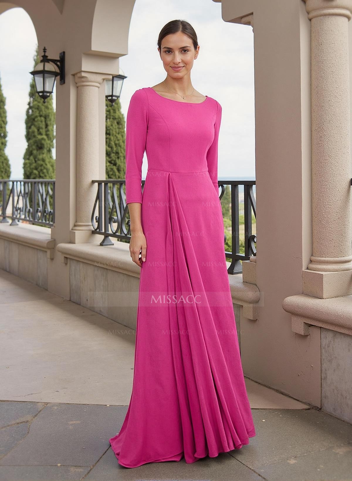 A-Line Scoop Neck 3/4 Sleeves Elastic Satin Mother Of The Bride Dresses