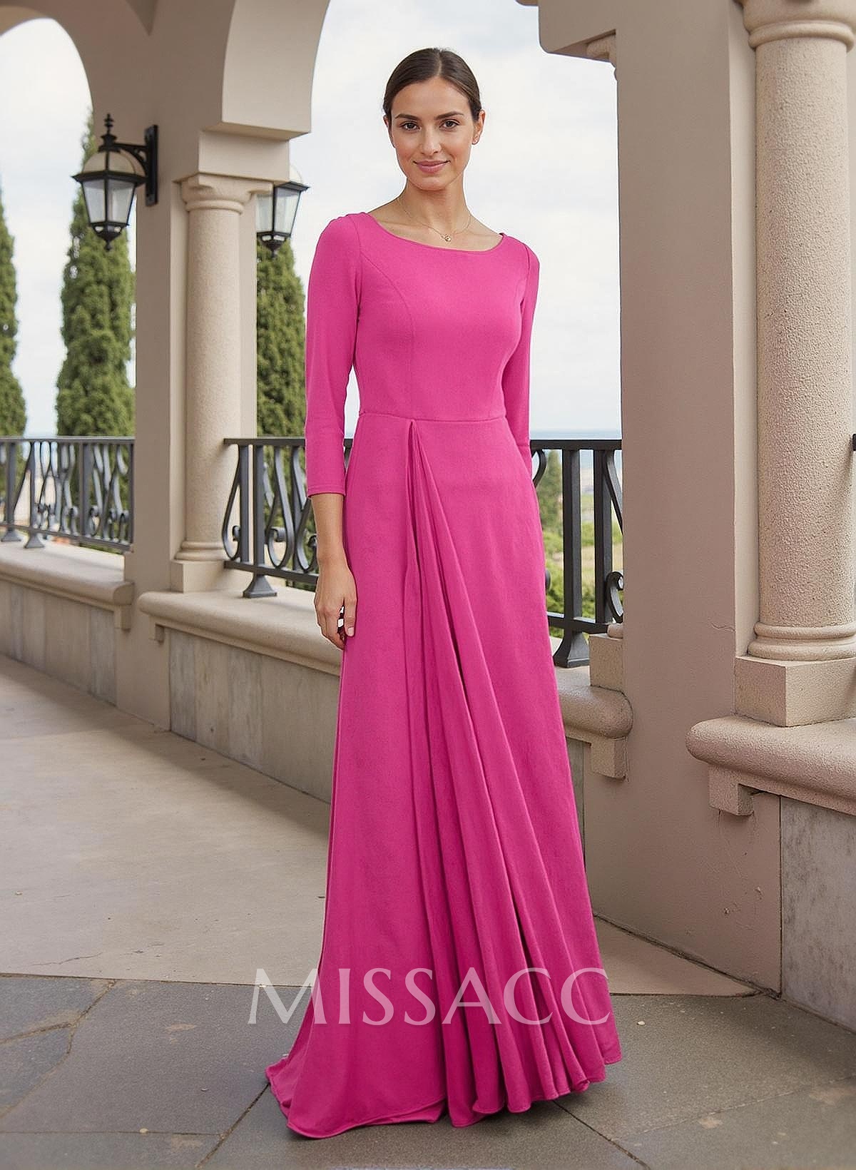 A-Line Scoop Neck 3/4 Sleeves Elastic Satin Mother Of The Bride Dresses