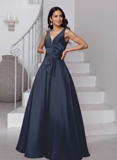 A-Line V-Neck Sleeveless Floor-Length Satin Mother Of The Bride Dresses